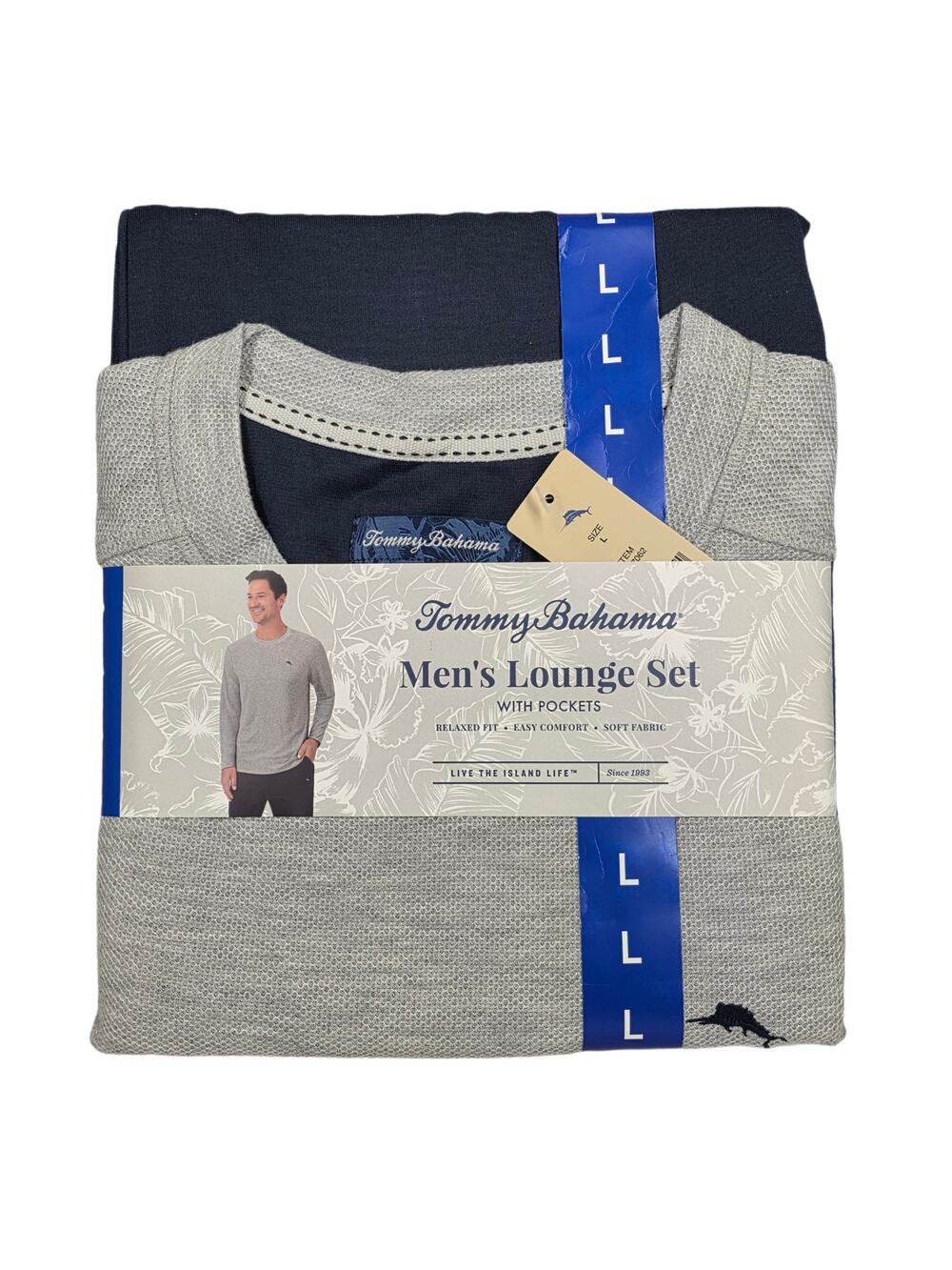 TOMMY BAHAMA MEN’S LOUNGE SET – SIZE L – GRAY/BLUE – LONG SLEEVE & PANTS